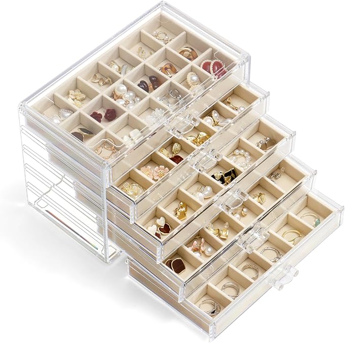 YUFONG Jewelry Organizer with 5 Drawers Clear Acrylic Earring Display Case Velvet Jewelry Storage Box Display Holder for Earr