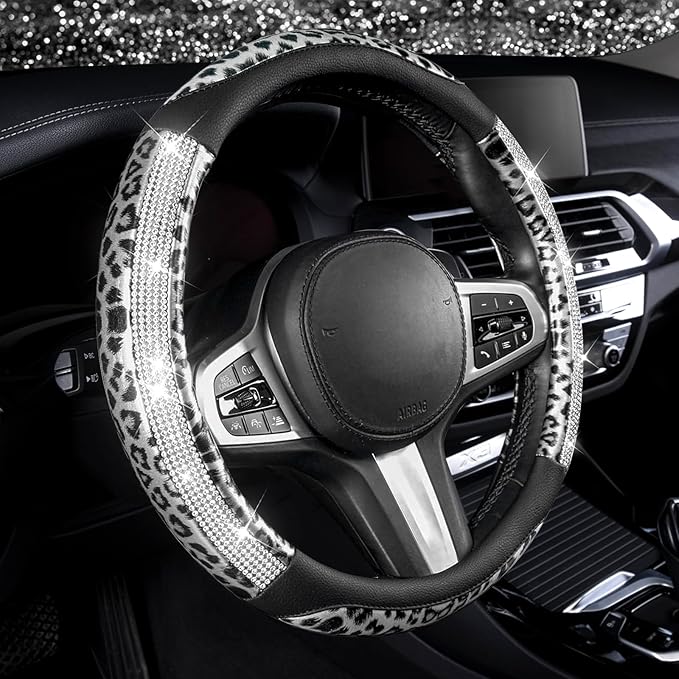 AUTOYOUTH Leopard Steering Wheel Cover - Bling Crystal Rhinestones Cheetah Print on Leather Non-Slip Breathable Design for Wo