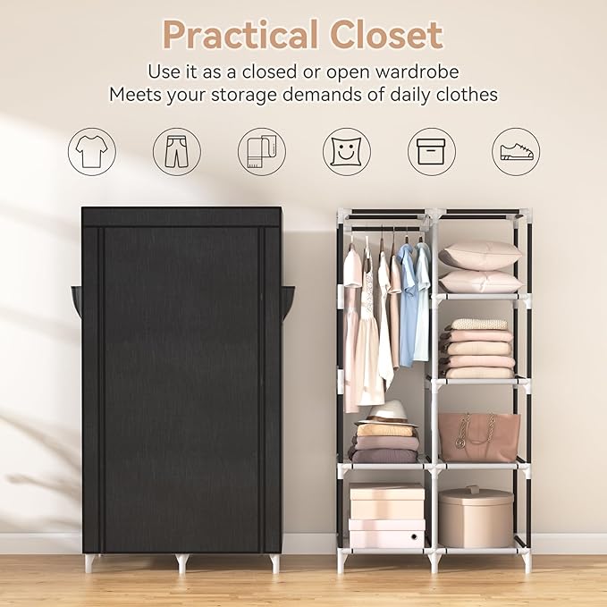 ROJASOP Portable Closet Wardrobe Closet for Hanging Clothes with 6 Storage Shelves, 1 Hanging Rod and 4 Pockets, Free Standin