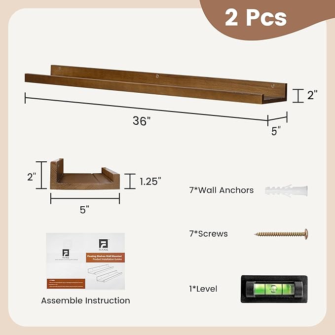Picture Ledge Wall Shelves 36 inch Width Set of 2, Solid Pine Wood Rustic Floating Ledge Shelves for Wall for Kids' Room Bedr