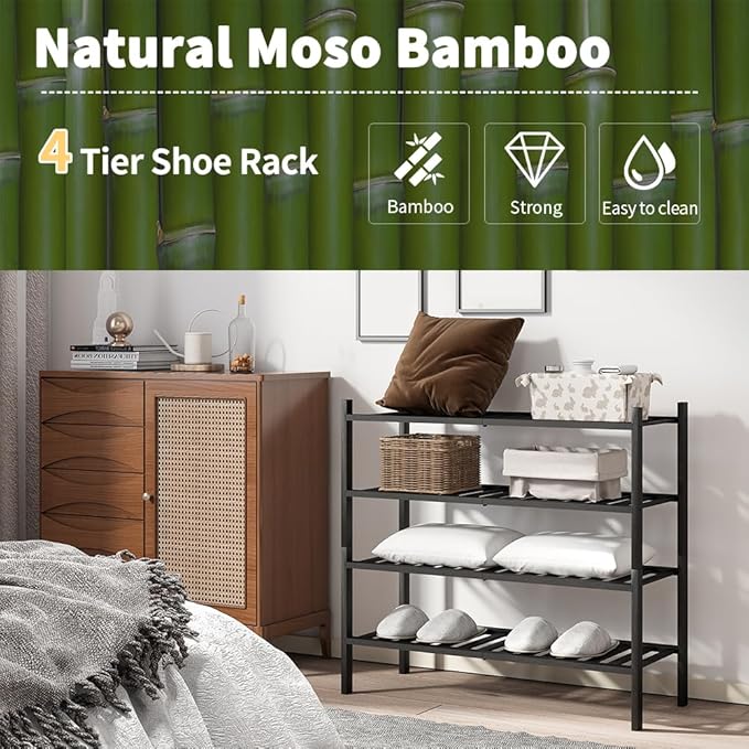 4-Tier Bamboo Shoe Rack for Entryway, Stackable | Heavy Duty | Multi-Function, Free Standing Shoe Racks for Bedroom Hallway C