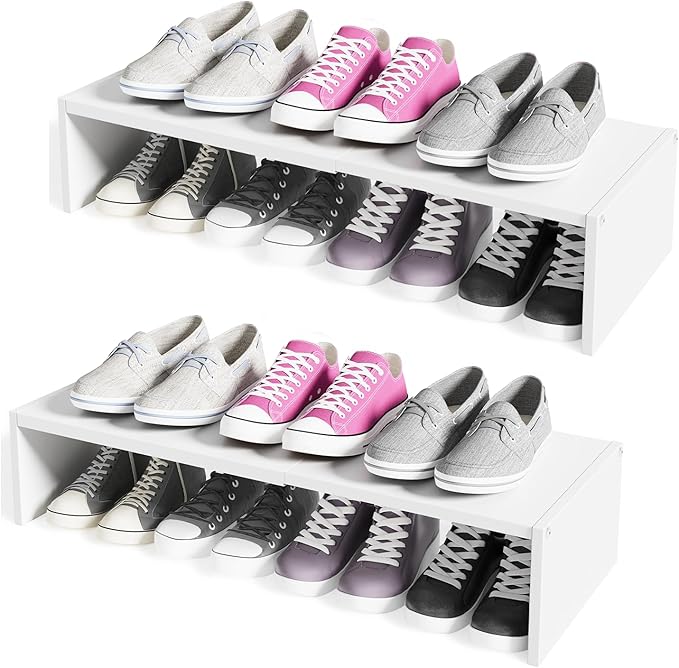 Cidaziya 2 Pack Expandable 1 Tier Shoe Rack for Shoe Cabinet, 1 Tier Stackable White Shoe Shelf Organizer for Closet, Sturdy 