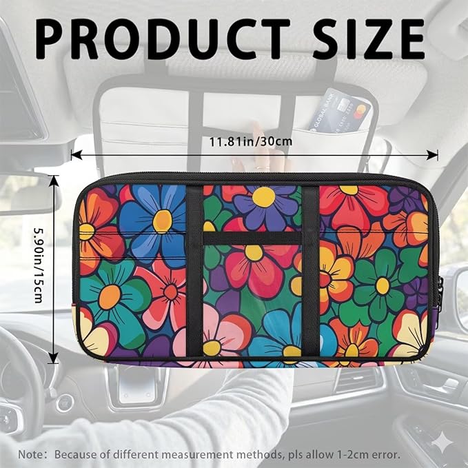 Car Sun Visor Organizer,Hippie Flower Multi-Pocket Car Truck SUV Storage Pouch Holder Elastic Bands Universal Fit Document Holder for Registration