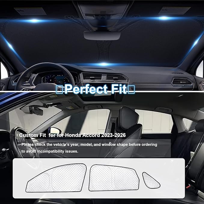 KMF 8pcs Thicken Sun Shades for Honda Accord 2023-2025 2026 Accessories, Full Car Window Covers Sunshade for Windshield Side Rear, UV Block and Privacy Blackout for Car Camping Outdoor