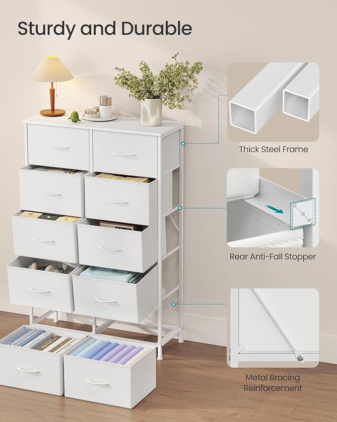 SONGMICS Dresser for Bedroom, Chest of Drawers, Steel, MDF, 10 Non-Woven Fabric Drawers, Storage Organizer Unit, Closet, Entr