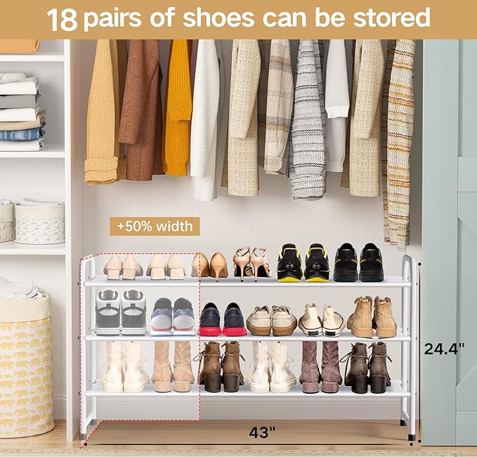 KEETDY 3-Tier Long Shoe Rack for Closet Metal Shoe Organizer for Entryway, Wide Stackable Shoe Storage Shelf with Sturdy Wire