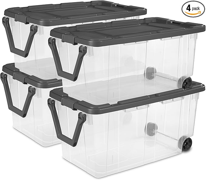 Sterilite 4-Pack Modular Stacker Box, Durable Clear Plastic Storage Bins with Latching Lids, 160 Quart - Stackable Organizing