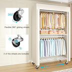 FUTASSI White Clothing Rack with Beige Cover, P1C Rolling Closets with Wheels, Metal Garment Rack for Hanging Clothes, Clothi