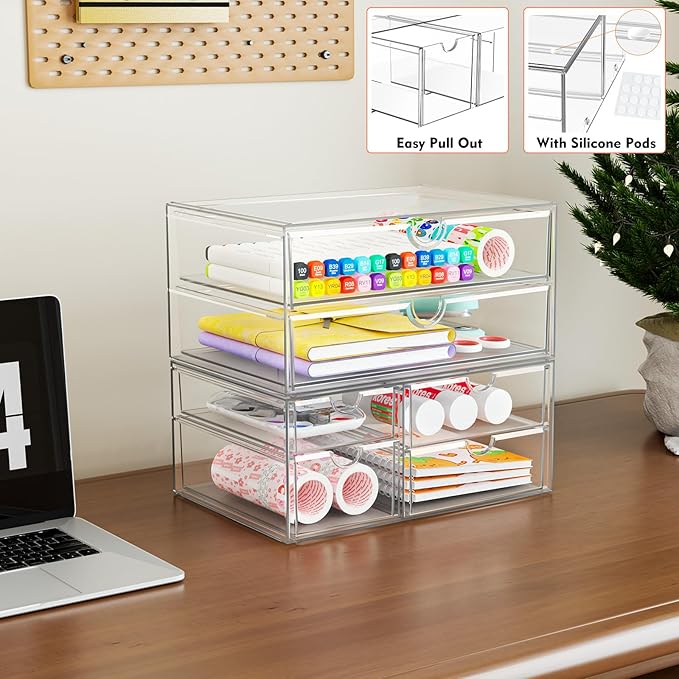 ARSTPEOE Acrylic Organizer with 6 Drawers, Bathroom Counter Organizer, Makeup Desk Organizers, Office Supplies, Storage Drawe