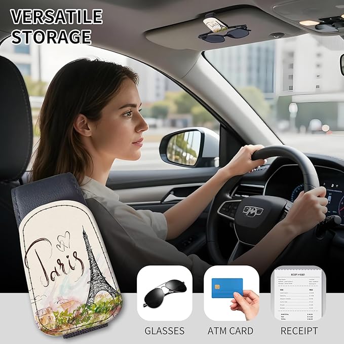 Sunglasses Holder for Car Visor, PU Leather Glasses Clip Organizer, Cute Magnetic Eyeglass Holder for Vehicle Sun Visor, Car Interior Accessory for Women & Men Paris Eiffel Sketch