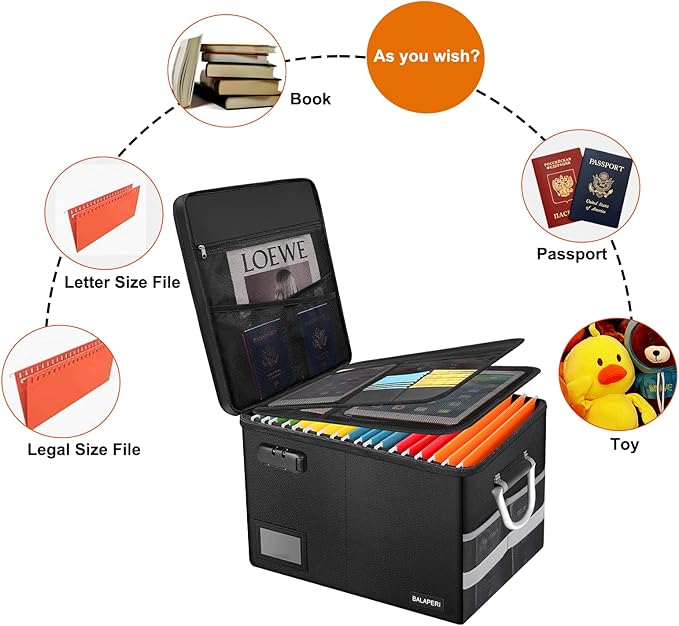 BALAPERI Fireproof Document Box with Lock, Portable File Box with Handle, Locking File Organizer Storage Box for Legal/Letter