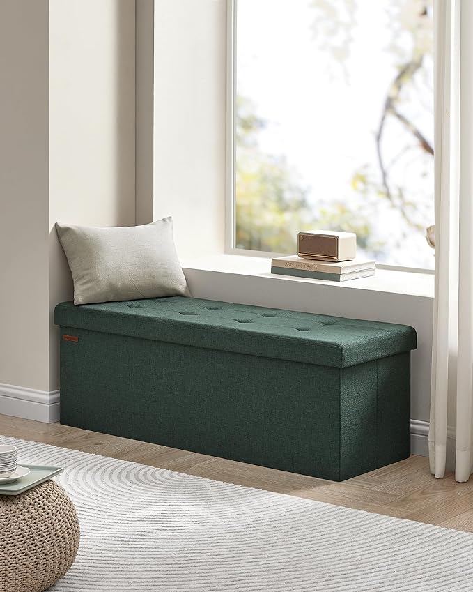 SONGMICS MAZIE Collection - 43 Inches Folding Storage Ottoman Bench, Ottoman Foot Rest, End of Bed Bench, Storage Chest, Load