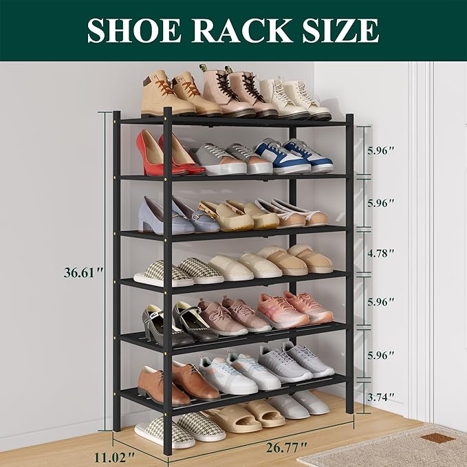 Smiry Bamboo Shoe Rack 6-Tier, Stackable Wooden Shoe Organizer for Entryway & Closet, Free Standing Wood Shoe Storage Shelf f