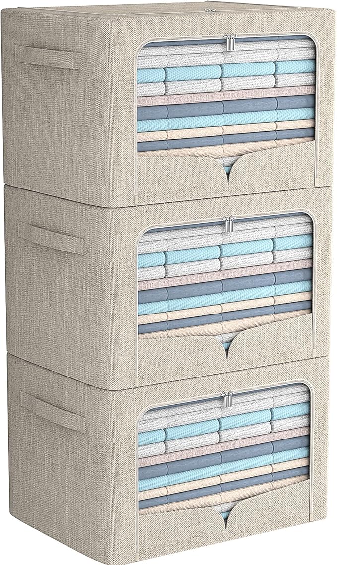 FHSQX 3 Pack Clothes Storage Bins - Foldable Metal Frame Storage Box - Stackable Linen Fabric Container Organizer Set with Ca