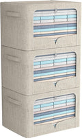 FHSQX 3 Pack Clothes Storage Bins - Foldable Metal Frame Storage Box - Stackable Linen Fabric Container Organizer Set with Ca