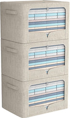 FHSQX 3 Pack Clothes Storage Bins - Foldable Metal Frame Storage Box - Stackable Linen Fabric Container Organizer Set with Ca