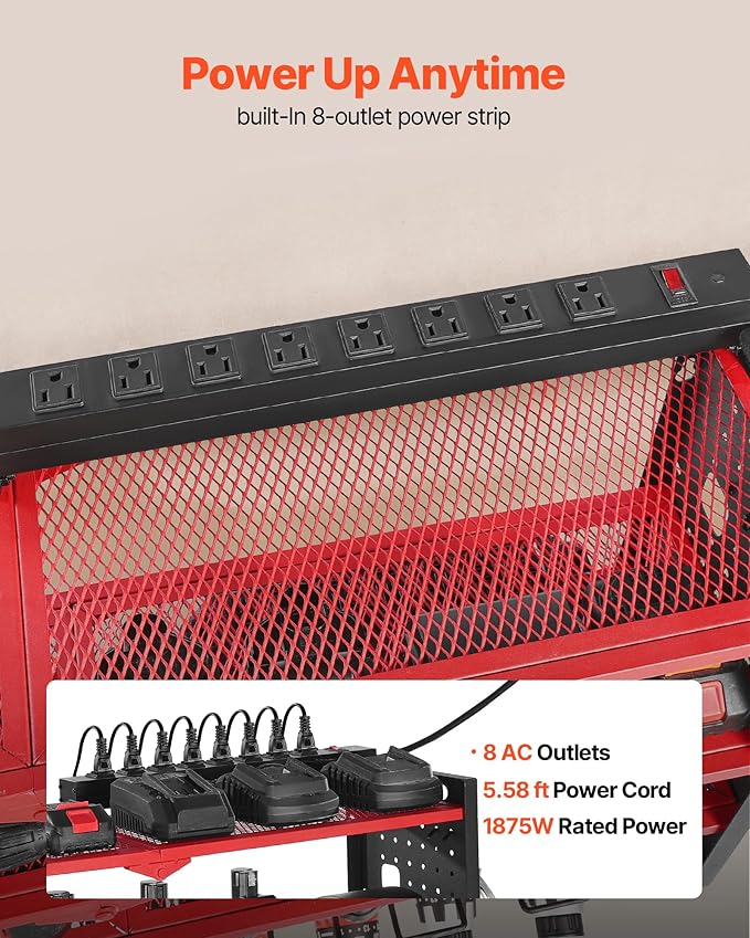 VEVOR Power Tool Organizer with Charging Station, 4-Layer Drill Storage Rack with 8 Drill Holders & Side Pegboard, Garage Too