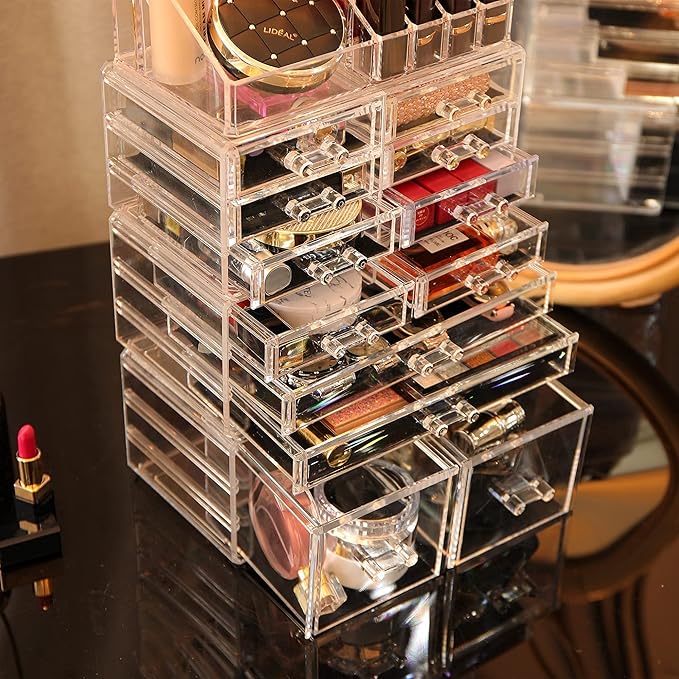Cq acrylic 4 Pack Clear Makeup Organizer Countertop,Stackable 12 Drawers Skincare Organizer,Cute Skin Care Organizer for Vani