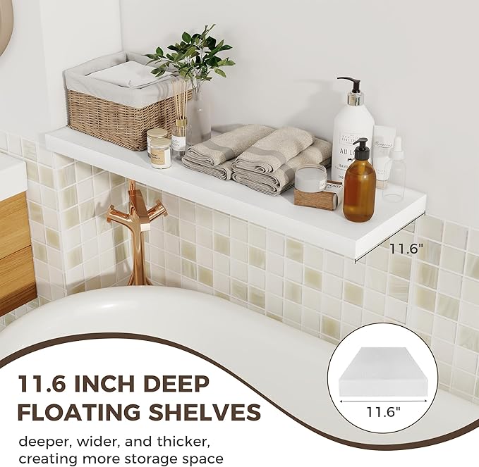 Fun Memories 12 Deep Floating Shelves, 40W x 12D Floating Shelves for Wall Set of 2, Extra Deeper Hanging Wood Shelves for Wa