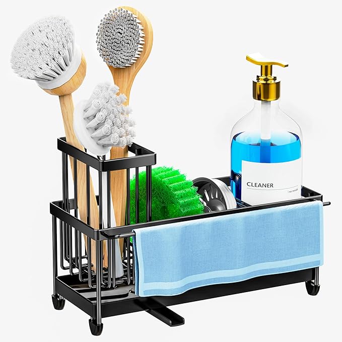 Cisily Sponge Holder for Kitchen Sink, Sink Caddy Organizer with High Brush Holder, Kitchen Countertop Organizers and Storage