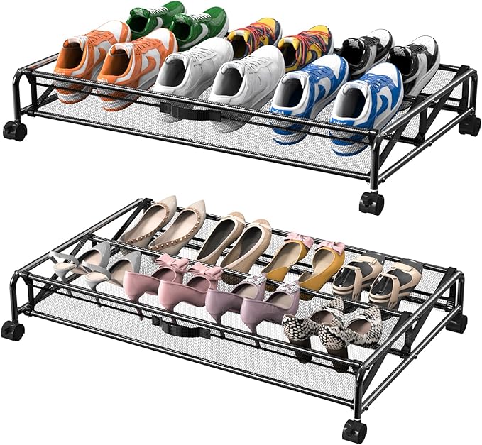 2 Pack Under Bed Shoes Storage + Plate Organizer
