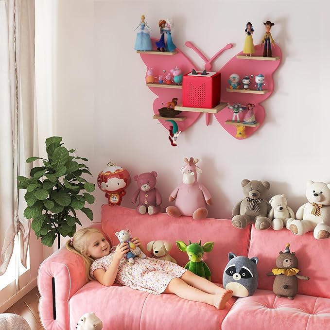 Pink Butterfly Tonie Shelf Wall Mounted - Tonies Wall Shelf for Toniebox, Charging Station, Magnetic Wood Display Floating Sh