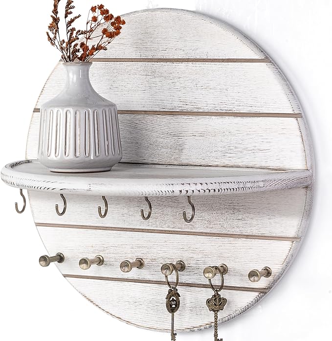 Rebee Vision Pine Wood Key Holder Wall Mount - 12 Inch Decorative Key Holder for Wall with Shelf and 11 Hooks - Farmhouse Mai
