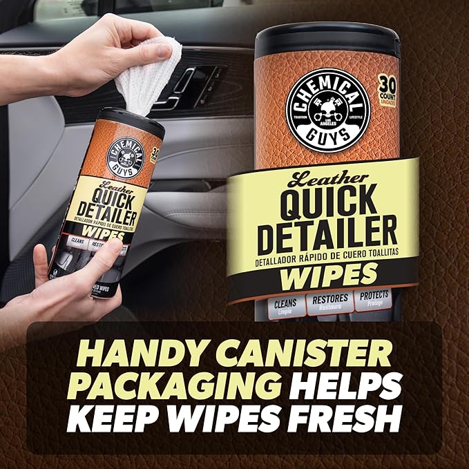 Chemical Guys Leather Quick Detailer Wipes in Canister (30 ct) (2 Pack) – Easy-Clean Conditioning Wipes for Leather Seats, In