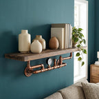 31.5 Inches Wide Carbonized Pine Wood Wall Shelf - Premium Nordic Pine & Cast Iron Wall-Mounted Rack Rutic Storage Shelf for 