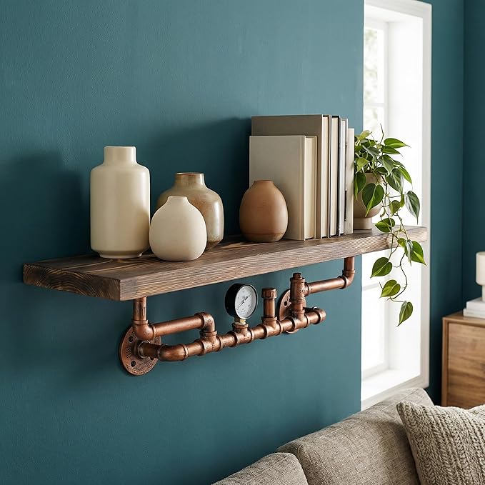 31.5 Inches Wide Carbonized Pine Wood Wall Shelf - Premium Nordic Pine & Cast Iron Wall-Mounted Rack Rutic Storage Shelf for 