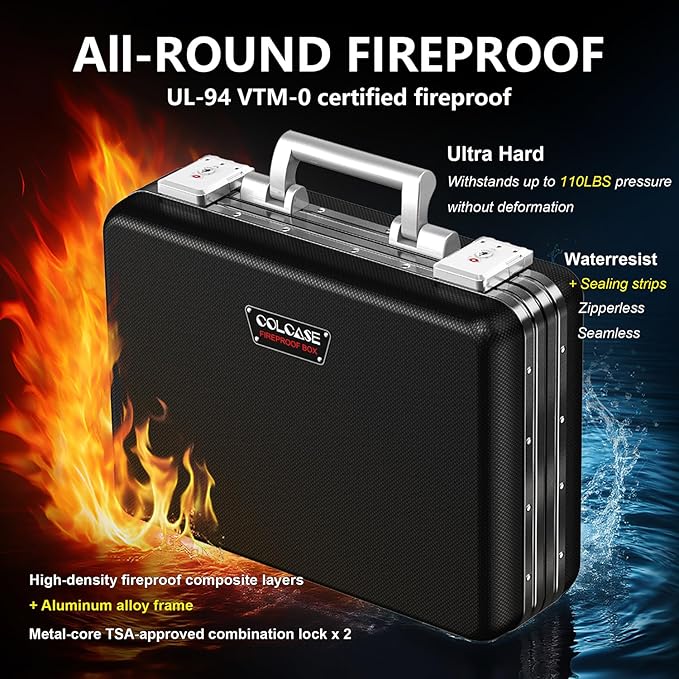 COLCASE Fireproof Document Box, Ultra Hard Case All-Around Fireproof Box with TSA Lock Aluminum Frame Zipperless Hard-Shell S