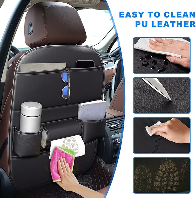 Back Seat Protector 2 Pack Fit For Nissan Rogue Car Kick Mats with Cup & Tissue Storage Organizer Pockets Waterproof Dirt Proof Faux Leather Auto Accessories For Kids(1 Pair Black)