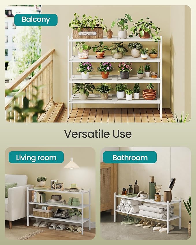 SONGMICS Bamboo Shoe Rack for Closet, Stackable Shoe Oragnizer with Modular Structure, Space-Saving Free Standing Shelf for E