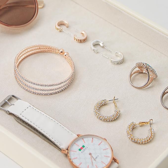 Stackable Jewelry Organizer Tray For Drawers,White Leather Small Earring Storage Tray,Bracelet And Necklace Display Box,Jewel
