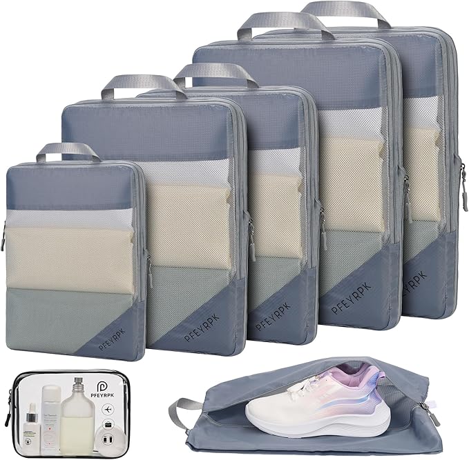 PFEYRPK Lightweight Compression Packing Cubes for Suitcases, Compressible Expandable Travel Packing Organizer with Clear Toil
