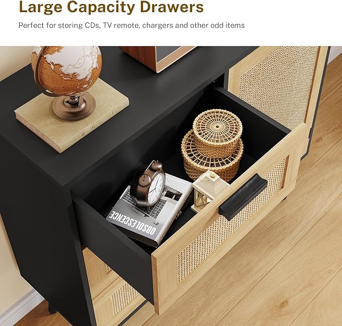 Iwell Storage Cabinet with Rattan Door & 3 Drawers, Rattan Cabinet with Adjustable Shelf, Sideboard Buffet Cabinets with Stor