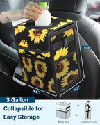 Capolo Car Trash Can with Lid, Leakproof Car Trash Bag Hanging Waterproof Automotive Garbage Can with Storage Pockets Mini Vehicle Trash Bin for Back/Front Seat(Sunflower,3 Gallon)