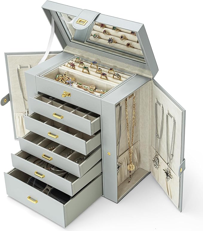 AKOZLIN Extra Large 6-Tier Jewelry Box Organizer Functional Huge, 5 Drawers Leather Jewelry Storage Case for Women Girls Ring