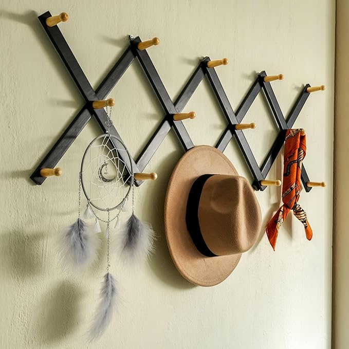 SKOLOO Hat Rack for Wall with 14 Hooks, Solid Wooden, Modern, Expandable Coat Rack Wall Mount for Coats, Hats, Bags, Baseball