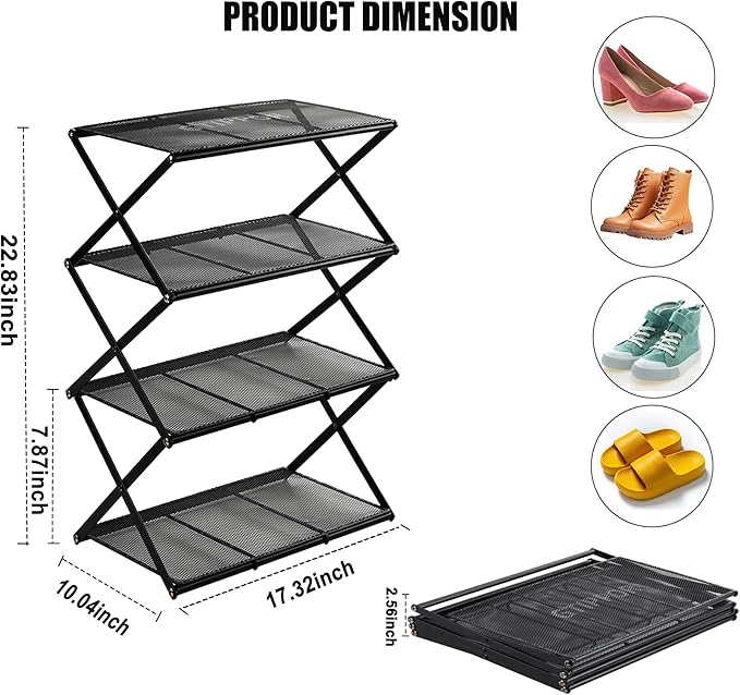 Shoe Rack for Entryway 4 Tier Foldable Shoe Rack Without Assembly Collapsible Metal Shoe Organizer Folding Shoe Storage Rack 