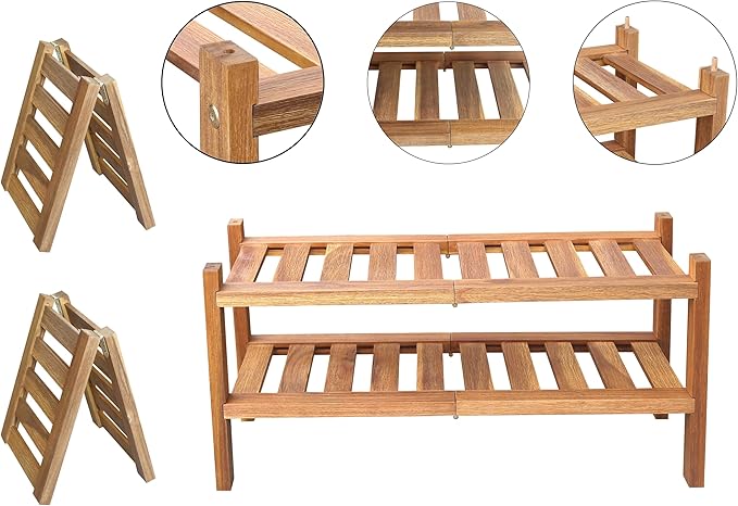 Acacia Wood Shoe Rack 2 Tier (Brush Teak Finish) – Stackable Shoe Organizer Two Tier Shoe Rack – Sturdy Wooden Shoe Storage S