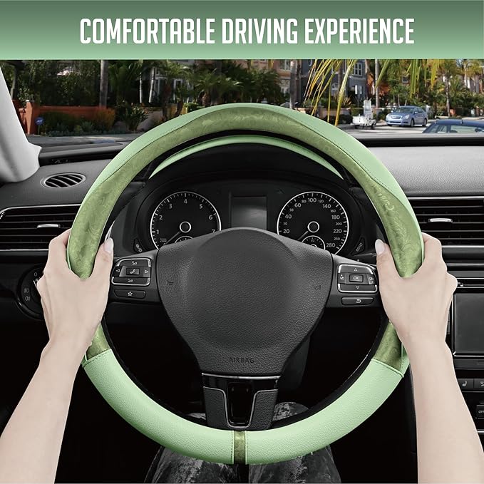 PIC AUTO Steering Wheel Cover, Green Patterned Leather Patchwork Design, Universal Fit 14.5"–15.5", Anti-Slip, Odor-Free, Sof