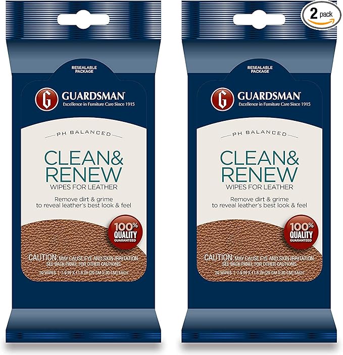 Guardsman Clean & Renew Leather Wipes - 20 Count - Removes Dirt & Grime, Great For Leather Furniture & Car Interiors - 2 Pack