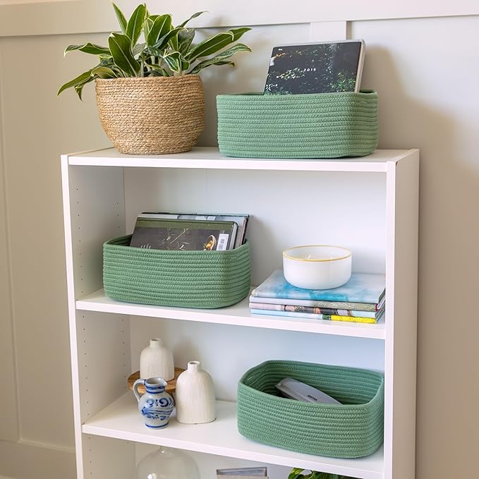 NaturalCozy 13.5”x8.5”x5.5” Rectangle Storage Baskets for Shelves 3 Pack | Cotton Rope Woven Small Baskets for Organizing | S
