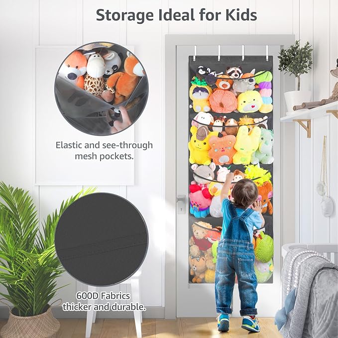Woodoulogy Hanging Stuffed Animal Storage, Over Door Large Plush Toy Organizer with Metal Hook, Baby Accessory Holder Idea fo