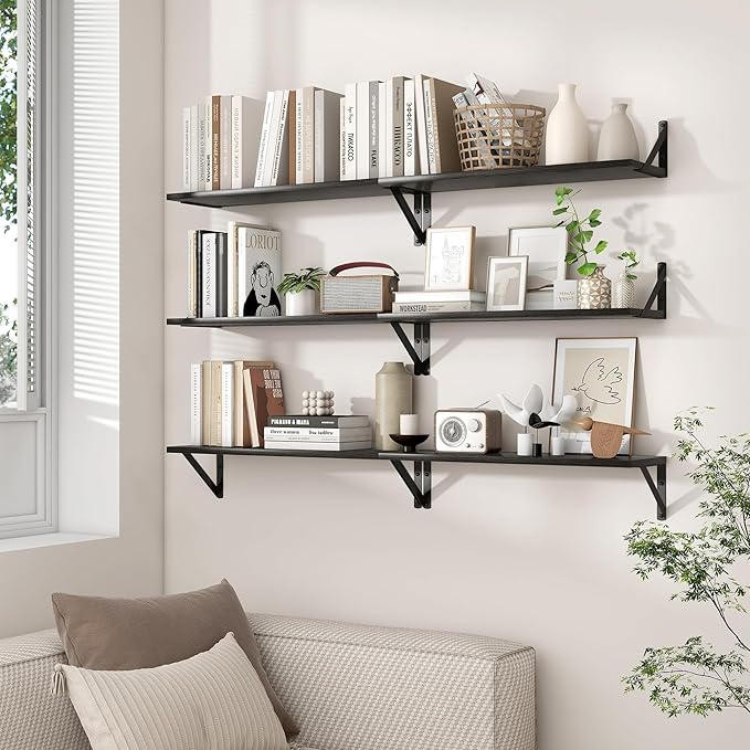Axeman 55 Inch Floating Shelves | 8 Inch Deep Black Wall Shelves Set of 2 | 55" W x 8" D Rustic Black Wood Shelves for Bathro