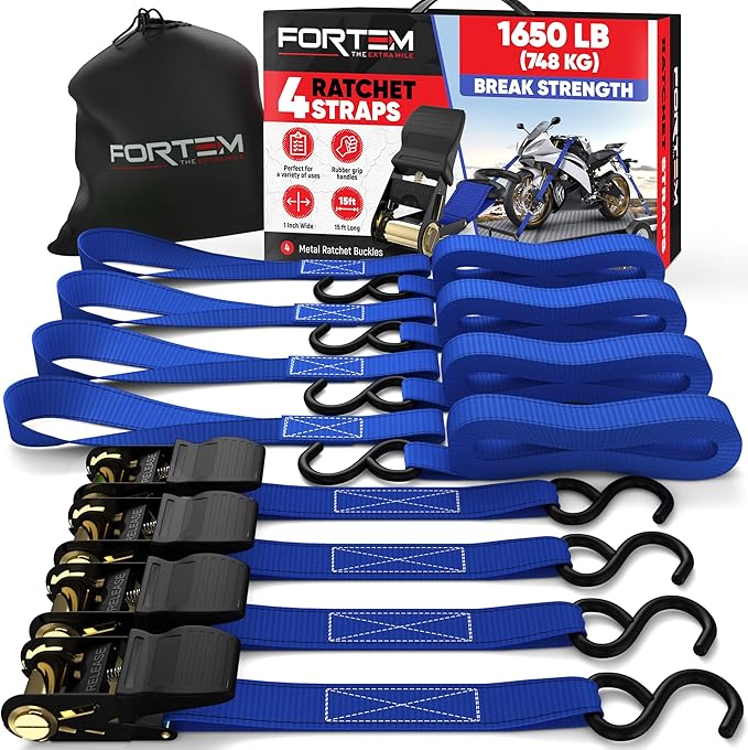 FORTEM Ratchet Straps, Tie Down Strap Set 1650lb Break Strength, 4 Pack 15ft x 1in, 4 Soft Loops, Moving Straps Tie Downs, Cargo Cam Buckles for Trucks, Carry Bag, for Men