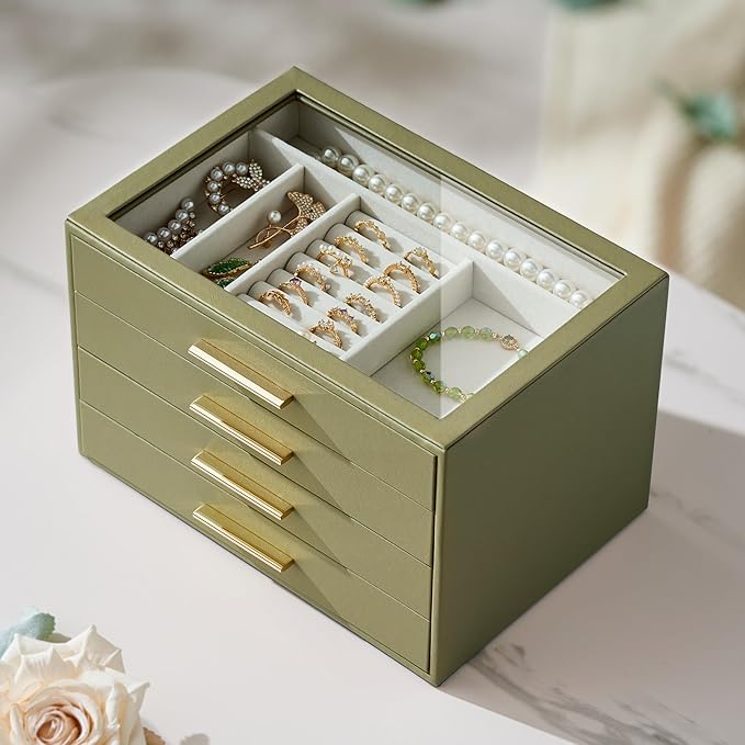 Jewelry Box Organizer Case for Women: 4-Layer Jewelry Storage Case with Glass Window, Olive Green Leather with Cream Velvet, 