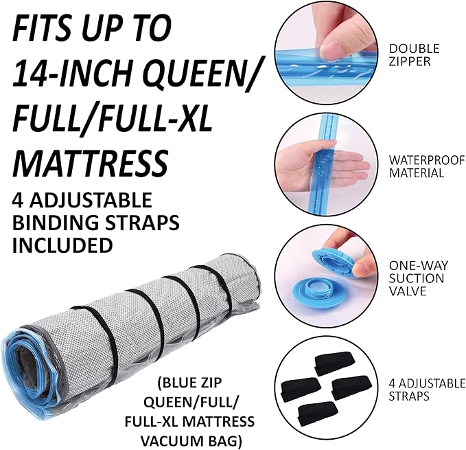 Storage Logic Foam Mattress Vacuum Bag with Blue Zipper, Mattress Storage Bag, Straps Included, Queen/Full/Full-XL