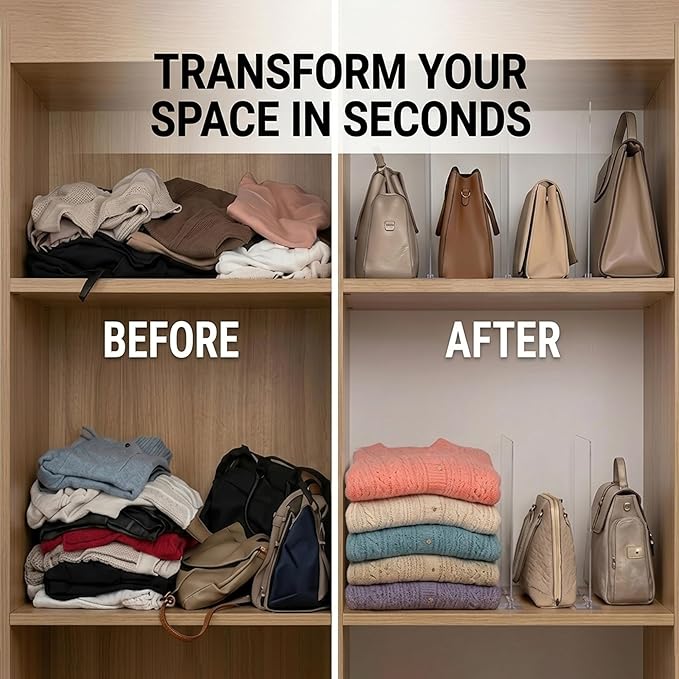 Acrylic Shelf Dividers for Closet Organization: Clear Removable 10/11.8" Tall X 11.8/10" Deep Clipless Separators 6 Pack for 